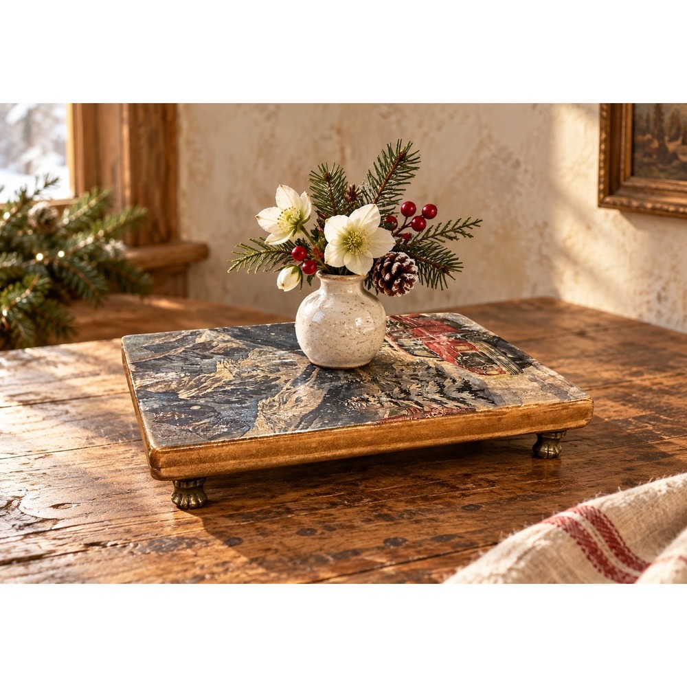 Handmade Wood Riser Stand Winter Mountain Vintage Red Truck Christmas Decor 10in